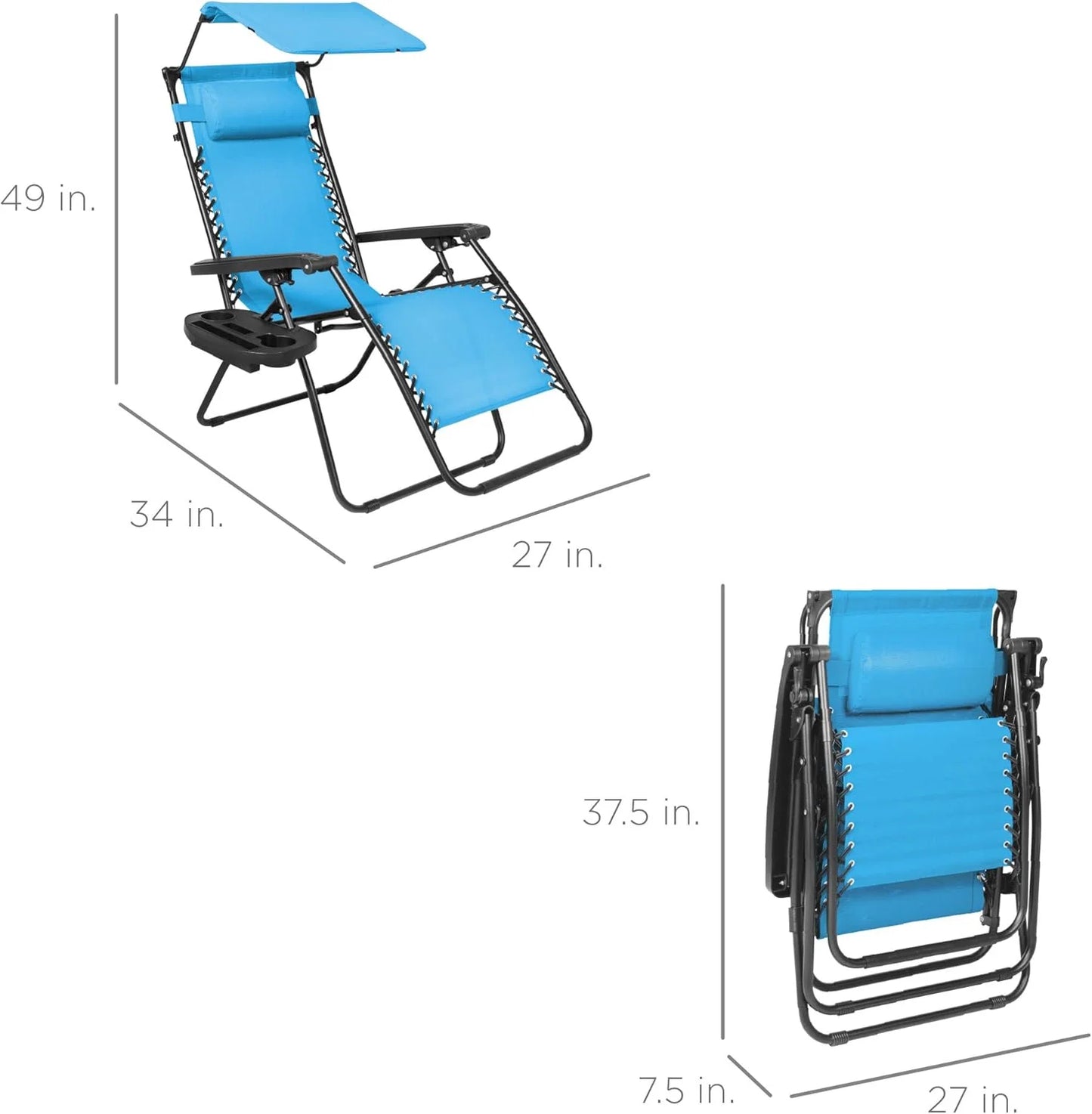 Best Choice Products Folding Zero Gravity Outdoor Recliner Patio Lounge Chair w/Adjustable Canopy Shade, Headrest, Side Accessory Tray, Textilene Mesh - Peacock Blue