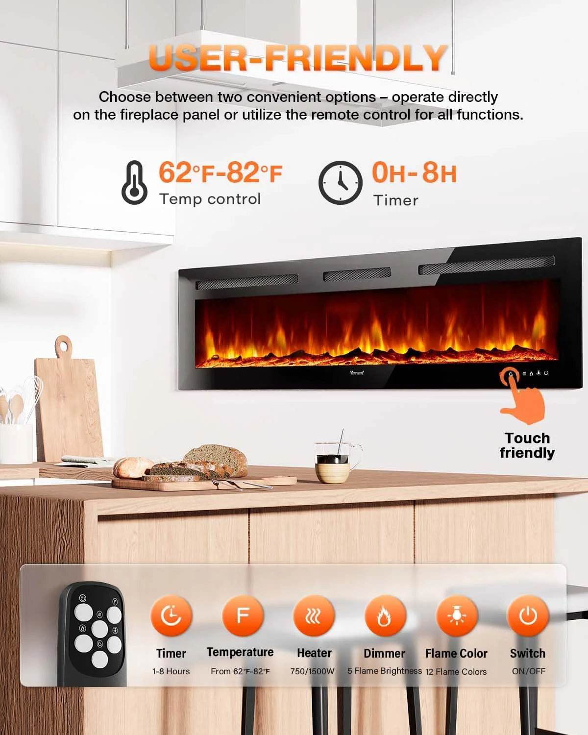 Electric Fireplace 60Inch,Wall Mounted Electric Fireplace Heater with Timer Inserts，TV Stand Touch Screen and Realistic Flame,Log Set,Crystal Flames 750 to 1500W，Remote for Living Room