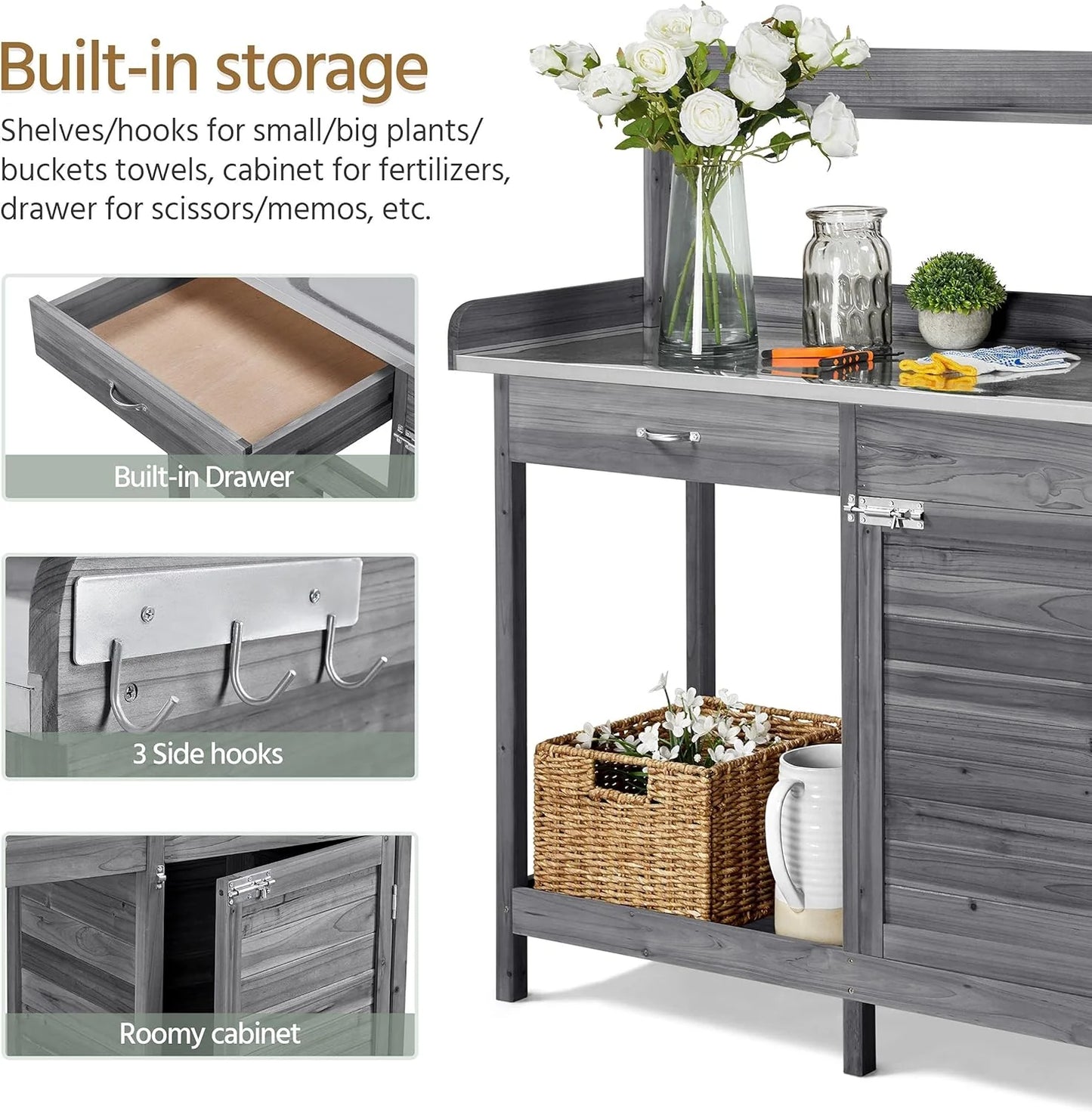 Yaheetech Outdoor Garden Potting Bench Table Work Bench Metal Tabletop W/Cabinet Drawer Open Shelf Natural Wood