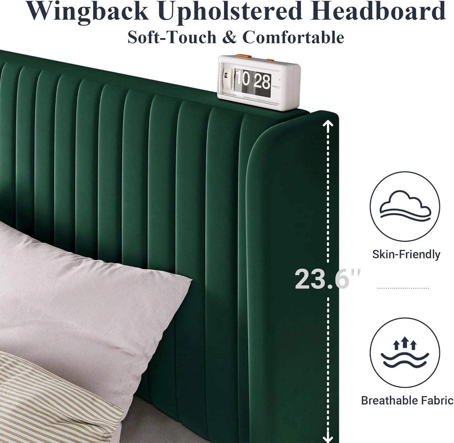 Allewie Full Size Velvet Bed Frame/Vertical Channel Tufted Wingback Headboard/Upholstered Platform Bed/Strong Wooden Slats/No Box Spring Needed/Easy Assembly/White