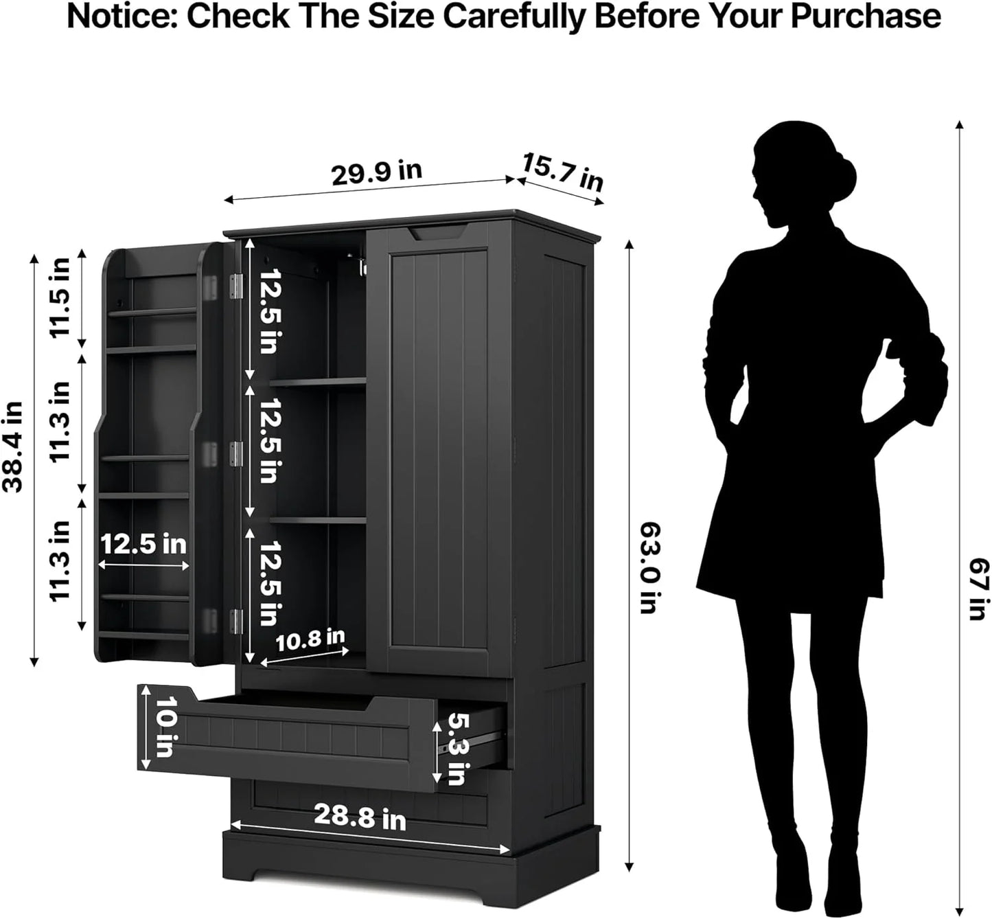Gizoon Kitchen Pantry Cabinet with Drawers Freestanding Bathroom Storage Cabinet with Doors and Shelves, 47 Inch Small Pantry Cabinet