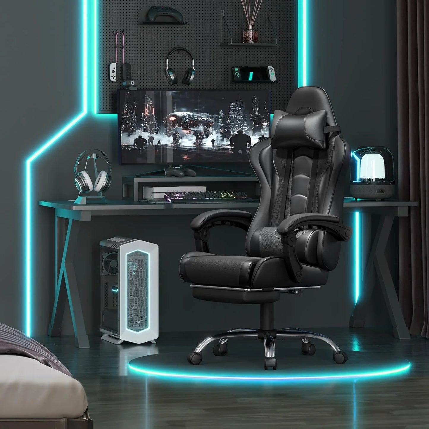 Gaming Chair with Massage Lumbar Support and Footrest Height Office Gaming Chair