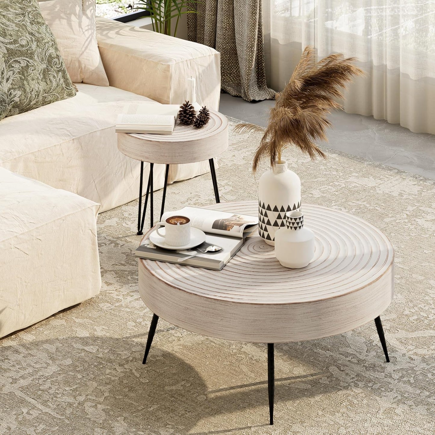 Two-Piece Modern Farmhouse Living Room Coffee Table Set, Round Nesting Tables