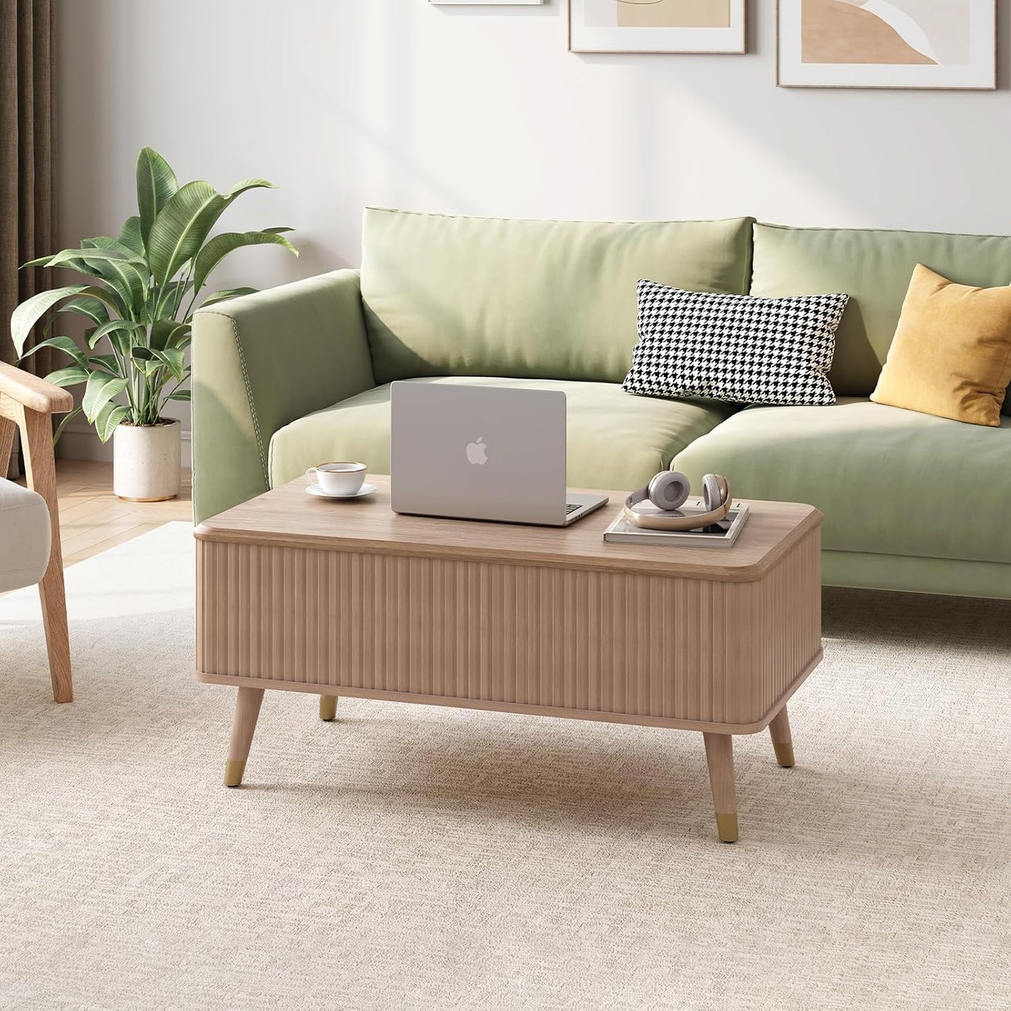 Round Coffee Table with Storage,Fluted Center Table with Sliding Cabinet Door for Living Room,Home Small Space,31.5" Small Center Table,Walnut