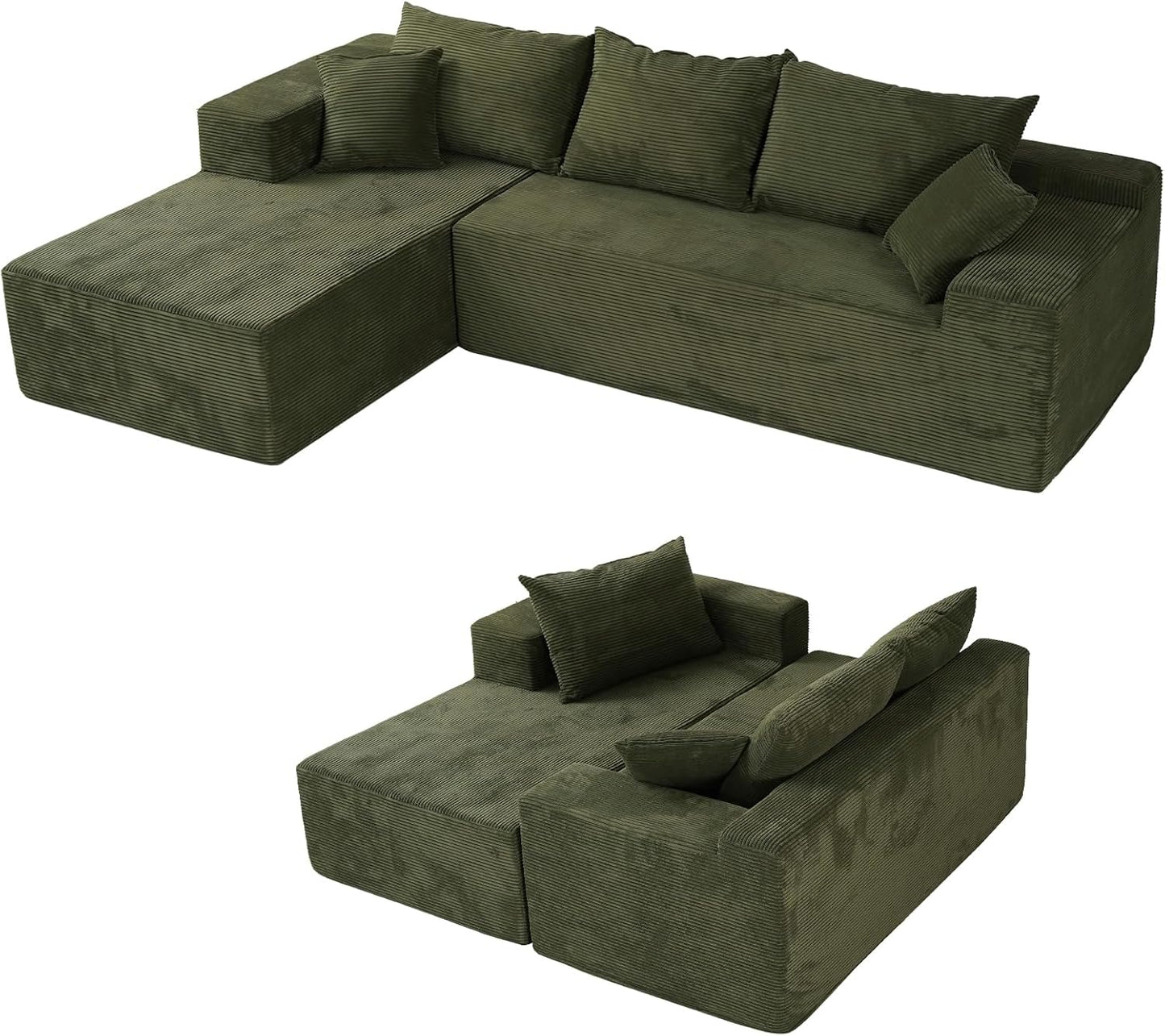 Cloud sofa with L-shaped lounge chair, modern modular sofa with deep seats