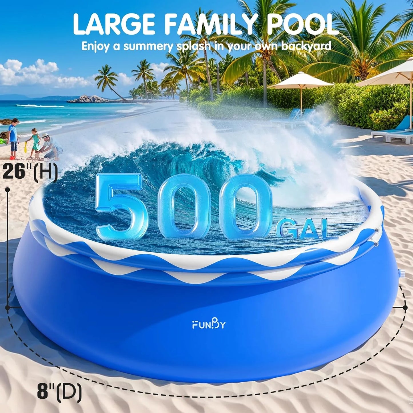 Upgraded Double Rings Inflatable Above Ground Pool Easy Set,Inflatable Swimming Pool for Adults,Inflatable Top Rings Above Ground Swimming Pool,Water Ripple Print,500 Gal Capacity (8ftx26in)