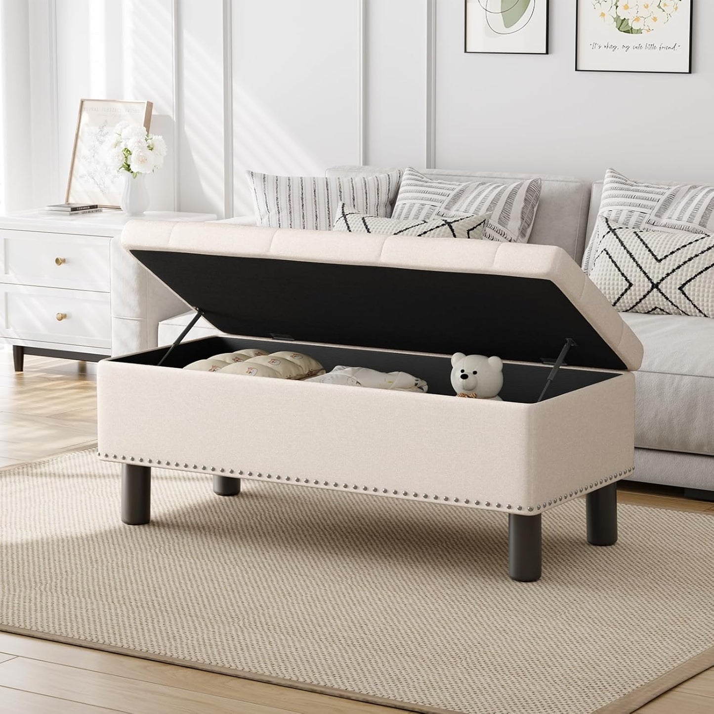 Furniliving Modern Storage Ottoman Bench, Sherpa Ottoman End of Bed Bench with Solid Wood Legs Upholstered Ottoman Benches with Storage Indoor Bench