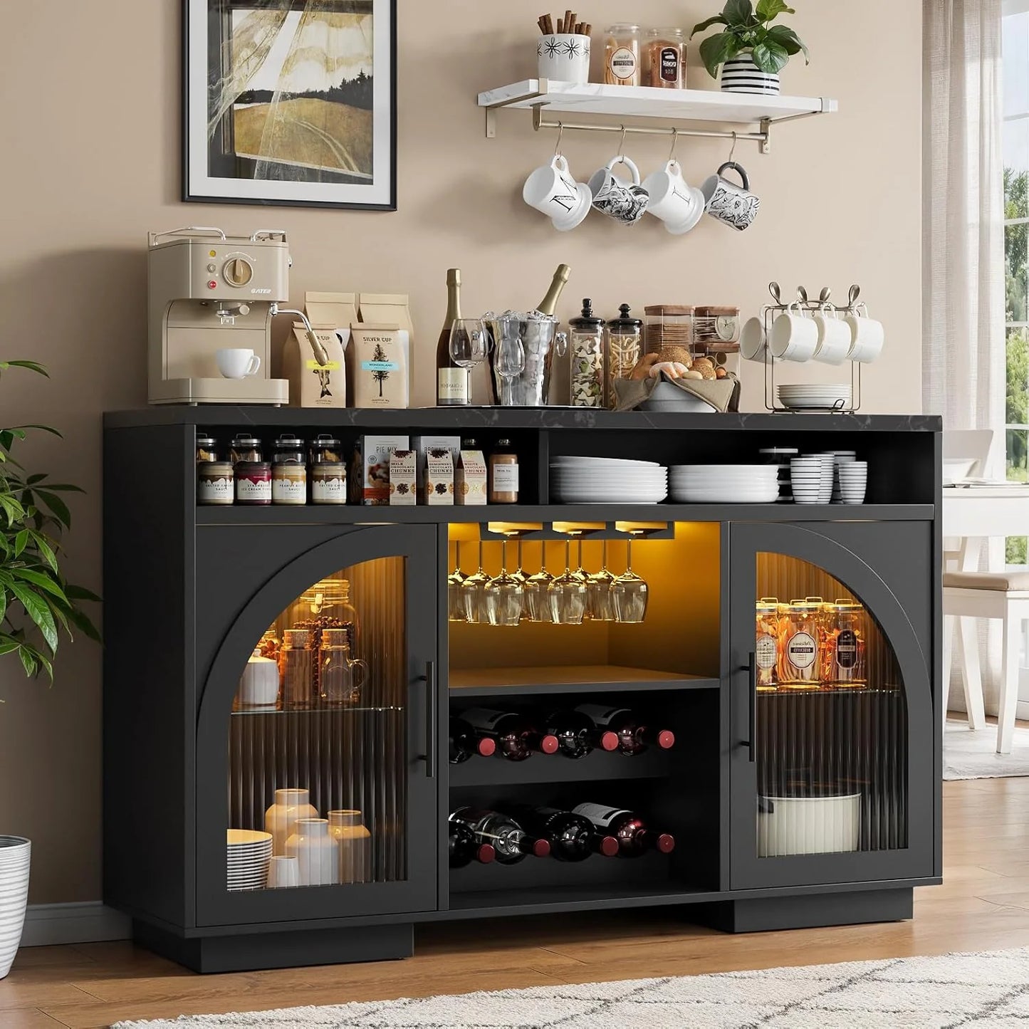 Sideboard, 54-inch kitchen cabinet with LED lights and arched glass doors, tall bar cabinet