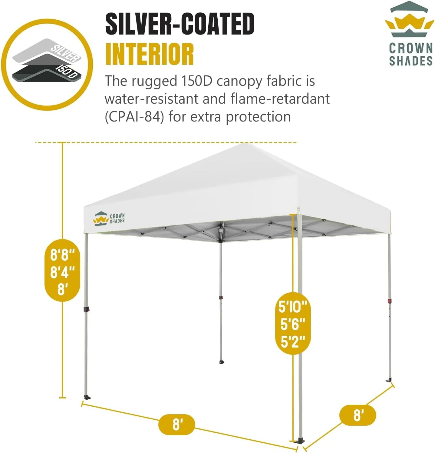 10x10 Pop-Up Awning - One-Click Installation Beach Tent - Outdoor Sunshade Silver Coated Top, 3 Heights and 4 Sand Pockets