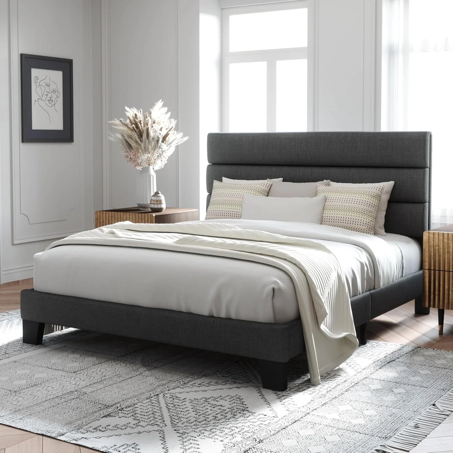 Allewie Queen Size Platform Bed Frame with Fabric Upholstered Headboard and Wooden Slats Support, Fully Upholstered Mattress Foundation/No Box Spring Needed