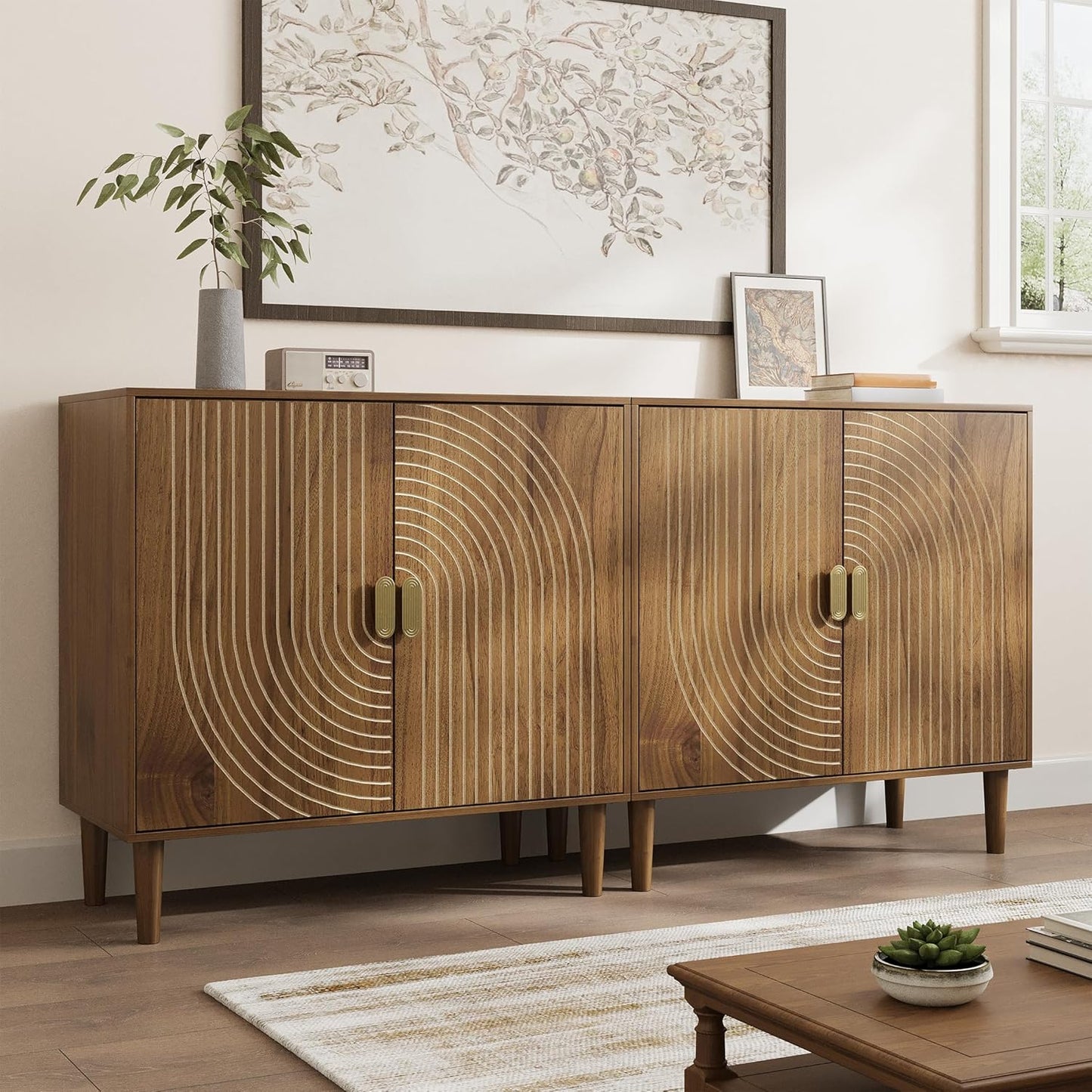 Walnut sideboard, freestanding dining cabinet with cable channel design, wooden storage cabinet with adjustable shelves