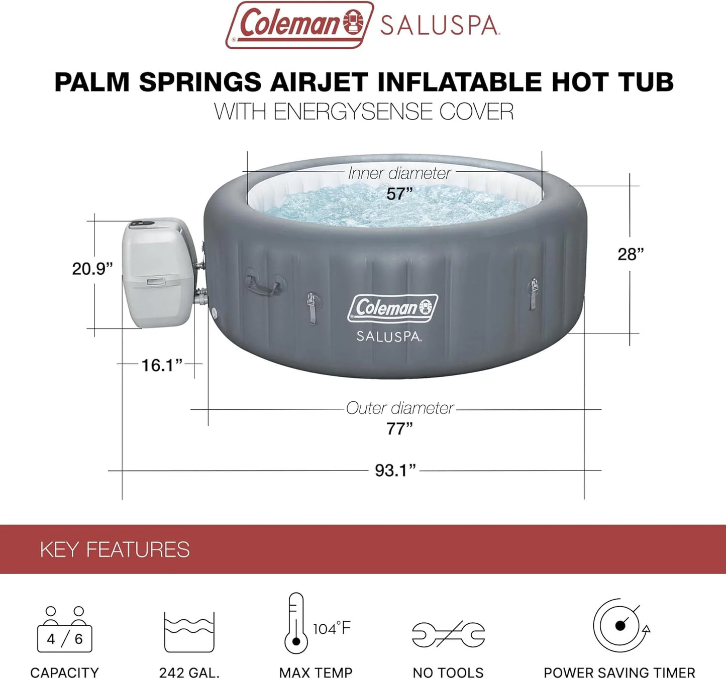 Bestway Palm Springs 4 to 6 Person EnergySense Smart AirJet Plus Inflatable Hot Tub Outdoor Spa with 140 AirJets and Insulated Cover