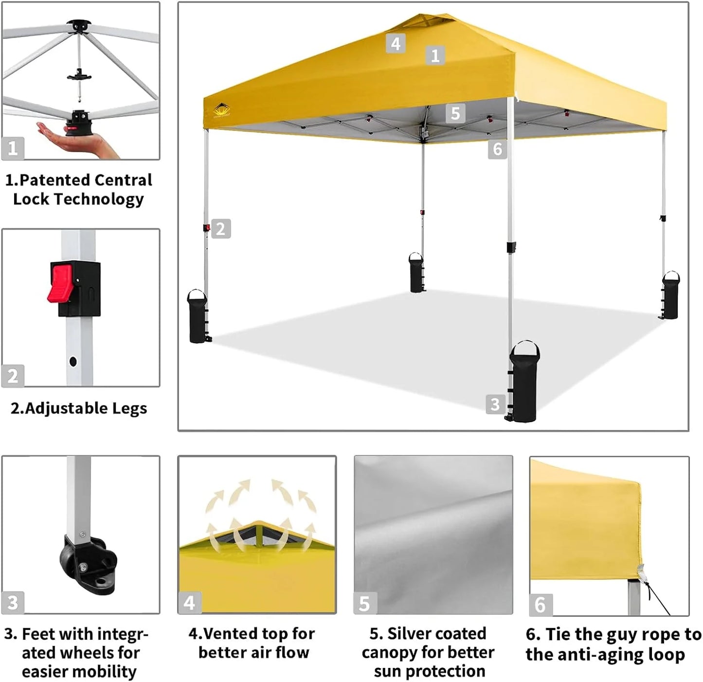 10x10 Pop-Up Awning - One-Click Installation Beach Tent - Outdoor Sunshade Silver Coated Top, 3 Heights and 4 Sand Pockets