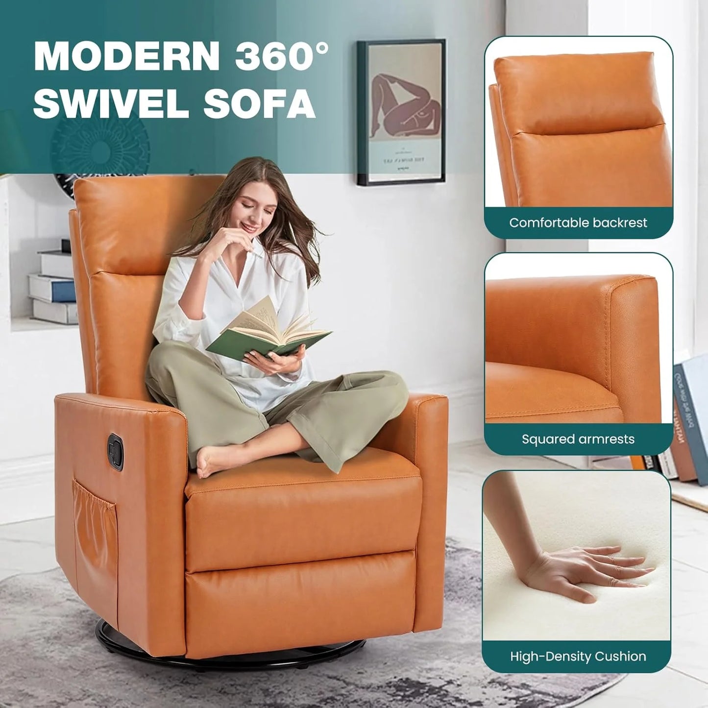 Swivel high-back rocking chair with footrest, padded glider baby chair with comfortable deep seat