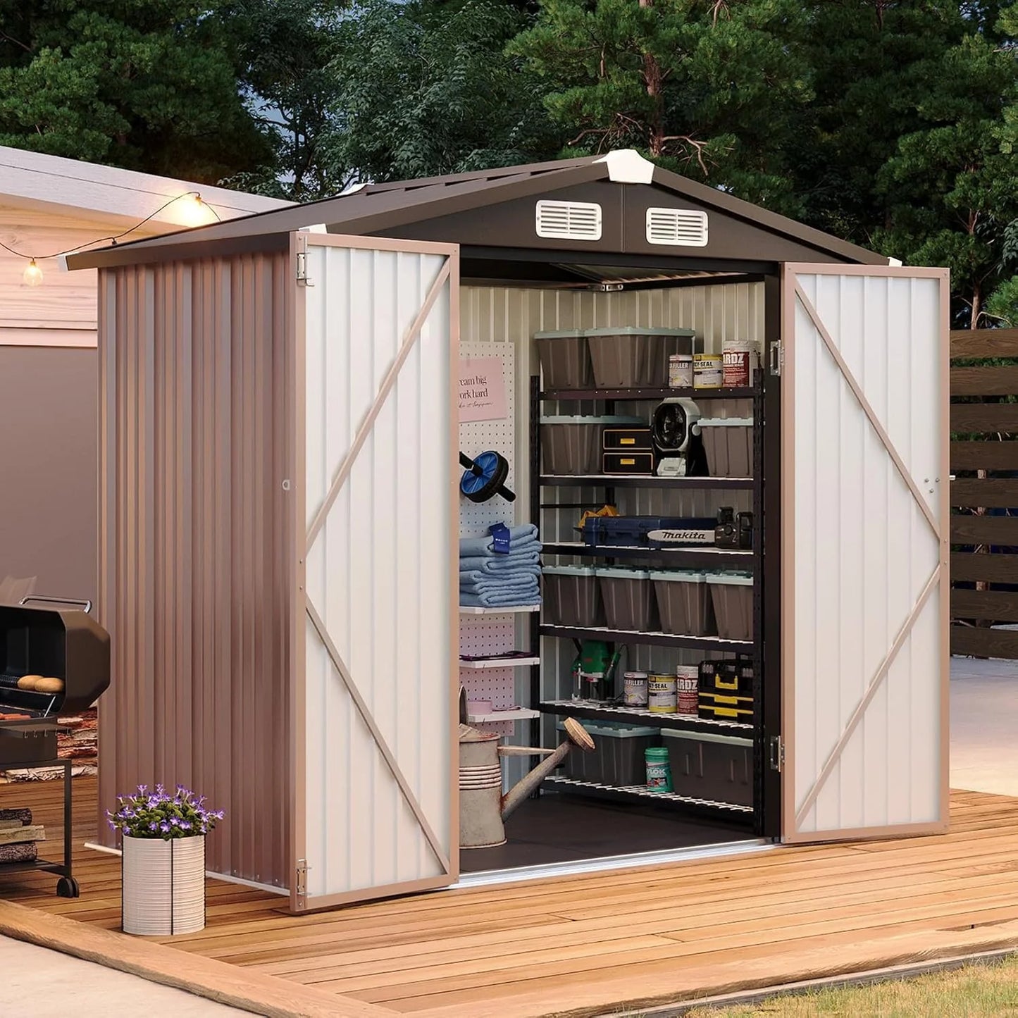 Aoxun 7.4x5.3FT Shed with Floor Galvanized Steel Outdoor Storage Shed Metal Garden Shed with Double Doors, 15mm Moisture-Proof Floor & Ventilation, Sloped Roof for Bike/Generator/Tool Storage (Brown)