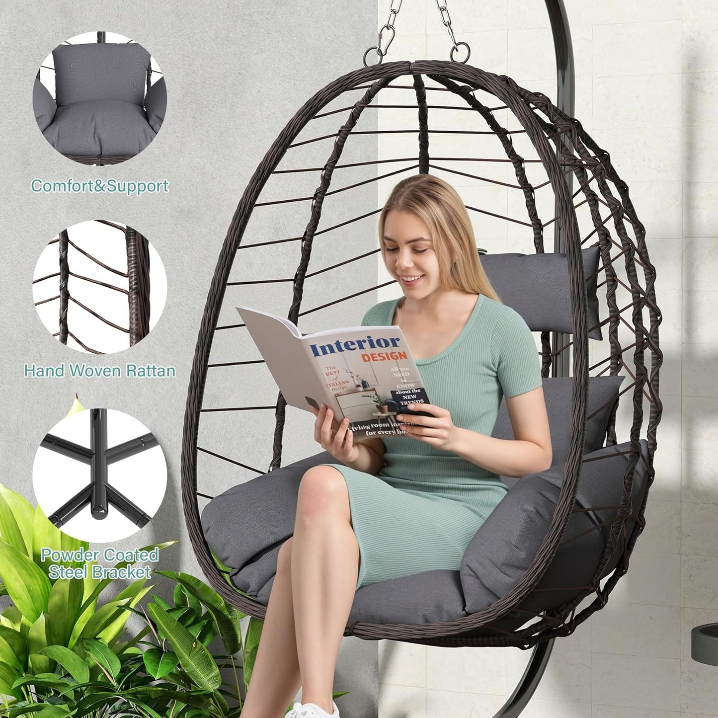Hanging Egg Chair with Stand, Swinging Egg Chair Outdoor Indoor, Hanging Basket Chair with Cushion, Patio Wicker Hammock Chair 350lbs Capacity for Bedroom, Balcony, Backyard, Garden (Grey)