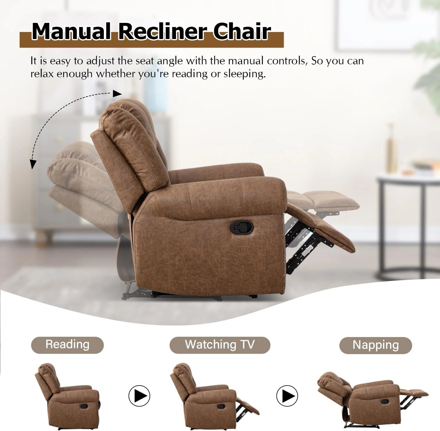 Leather recliner, classic traditional manual recliner, single sofa for living room