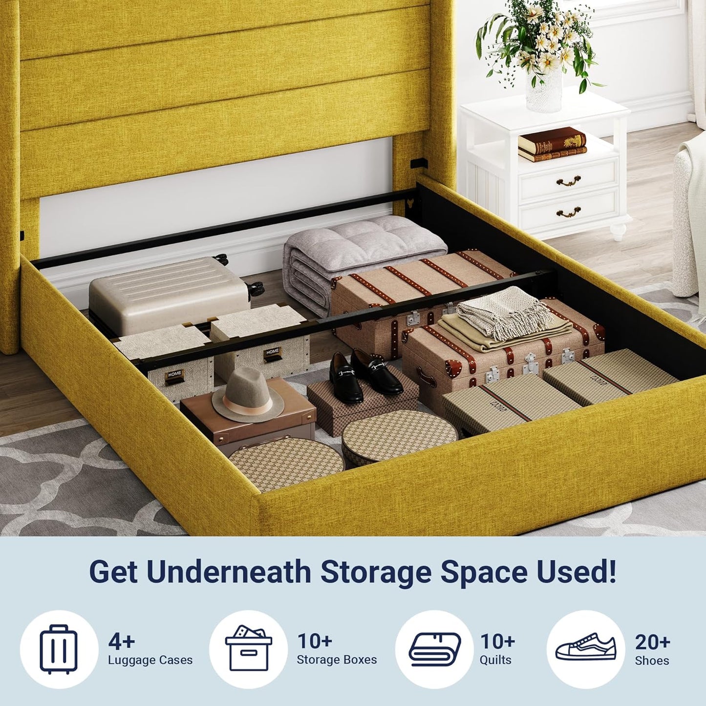 Allewie Queen Size Lift Up Storage Bed, Modern Wingback Headboard, Hydraulic Support, No Box Spring Needed, Light Beige