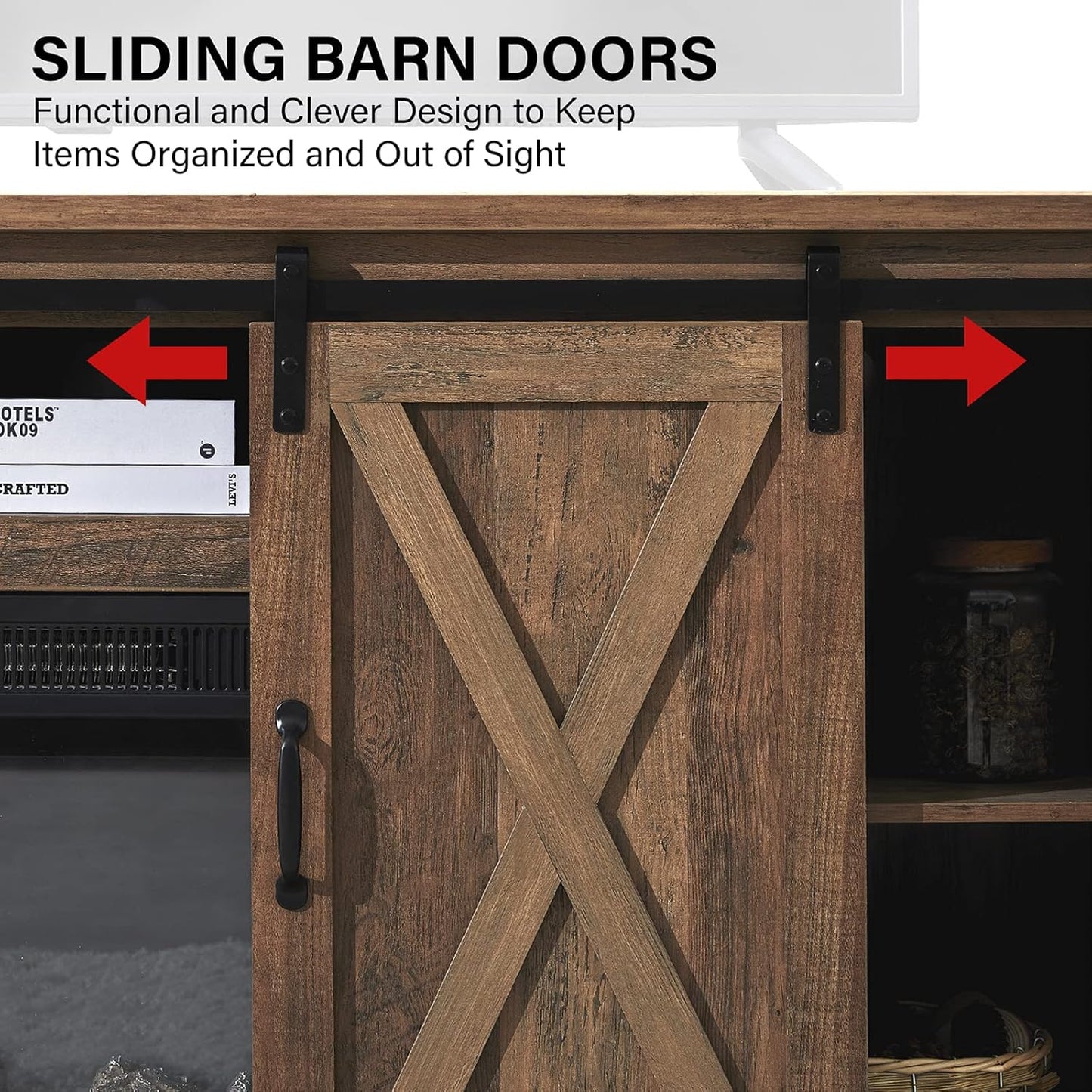 AMERLIFE Fireplace TV Stand with Sliding Barn Door for TVs up to 73", Farmhouse 63" Fireplace Entertainment Center with Storage Cabinets/Adjustable Shelves