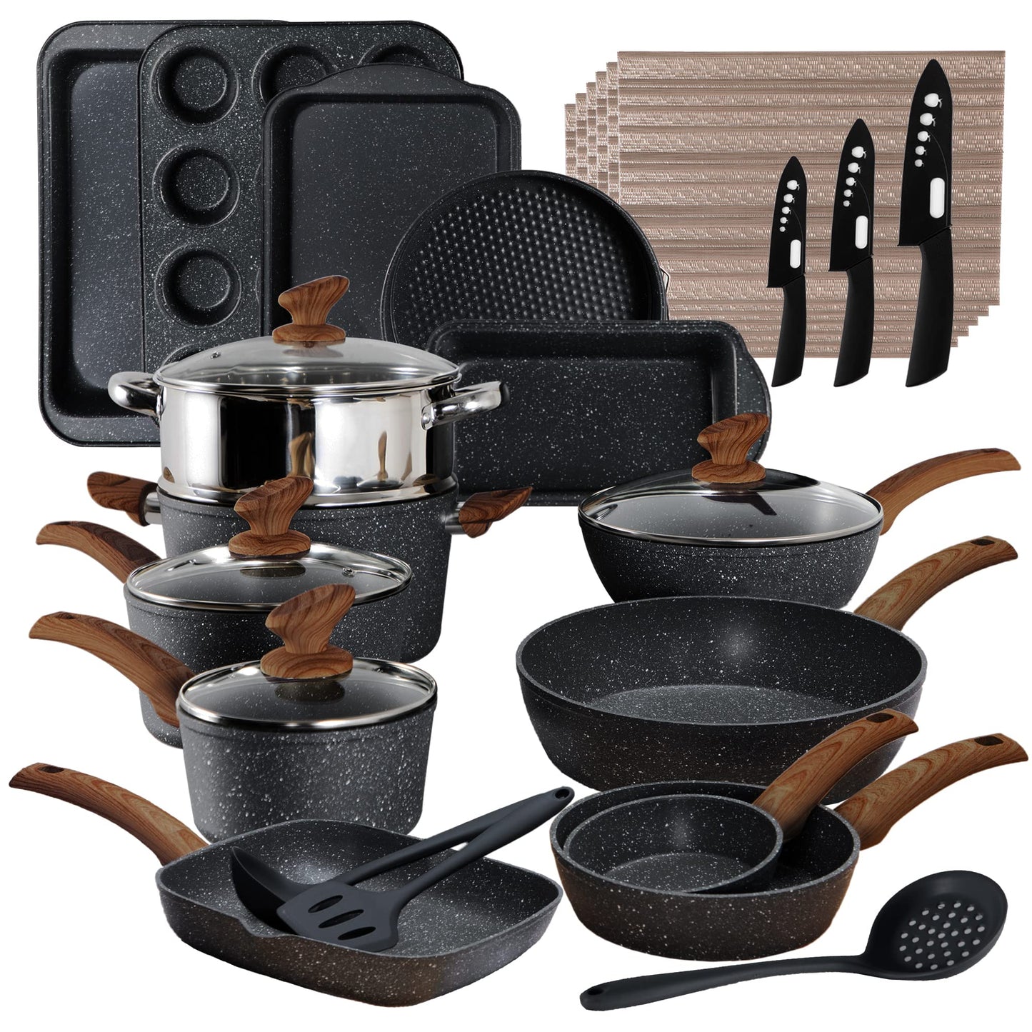 Cookware Set-17 Piece Non-stick Cooking Pan Set, Black Granite Pots and Pans Set