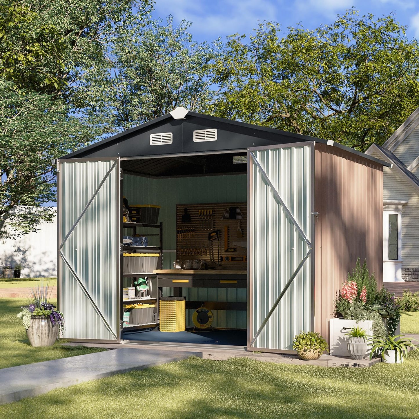 Aoxun 6.2x4 FT Shed Outdoor Storage Shed Metal Garden Shed with Lockable Doors & Slooping Roof Tool Shed Bike Shed for Backyard, Patio, Poolside (Brown)
