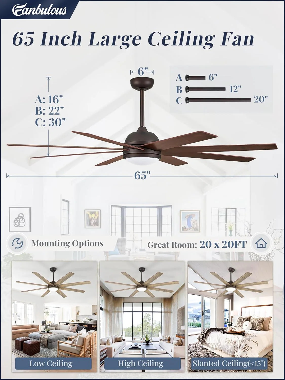 Ceiling Fan Indoor/Outdoor 8 Blades 65 inches
