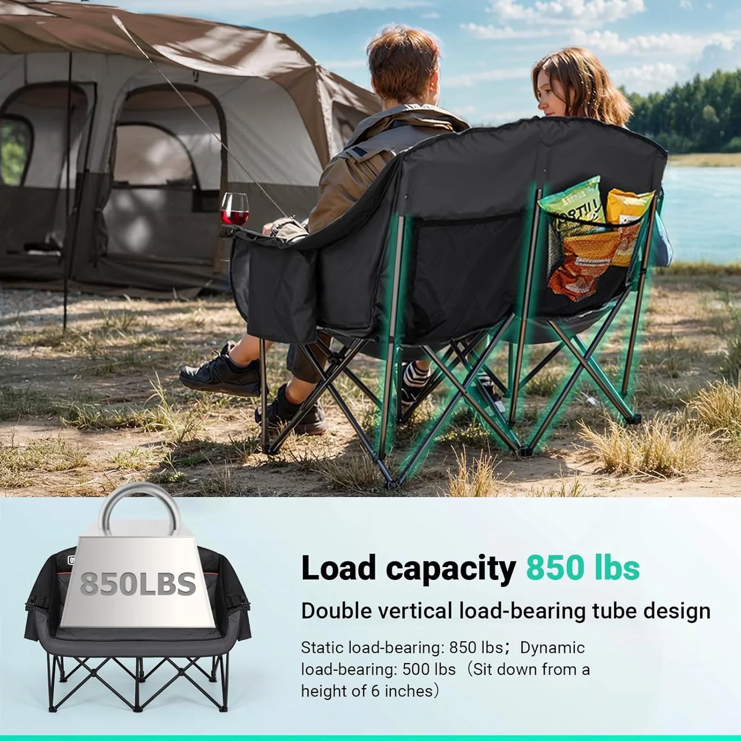 Extra Large Double Camping Chair - 2 Person Comfortable Sofa Chair Adult Loveseat - Heavy Duty Lawn Chair
