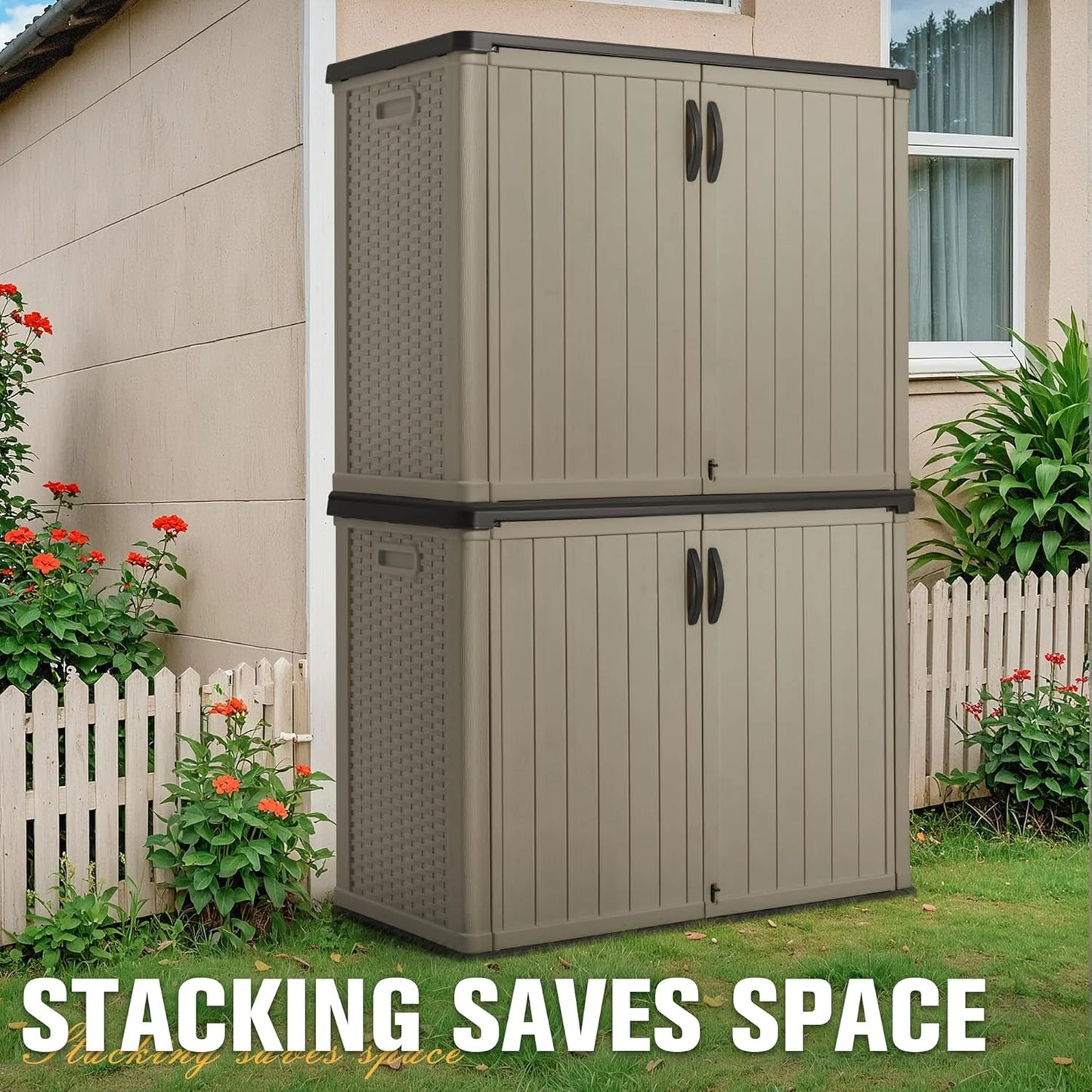 Greesum Outdoor Horizontal Storage Shed 27 Cu.ft Resin Large Storage Box for Garden, Patio, Backyard