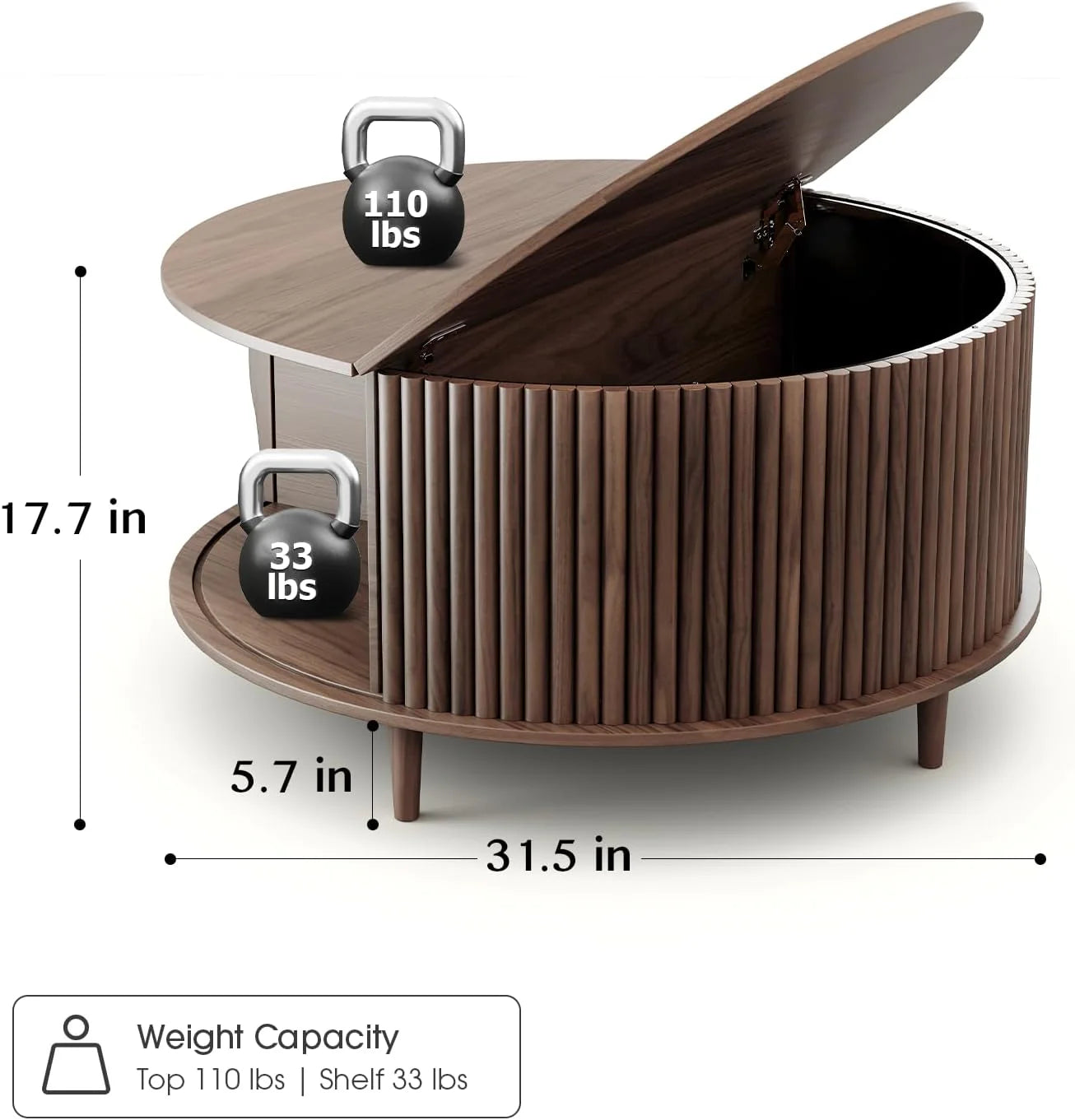 Round Coffee Table with Storage,Fluted Center Table with Sliding Cabinet Door for Living Room,Home Small Space,31.5" Small Center Table,Walnut