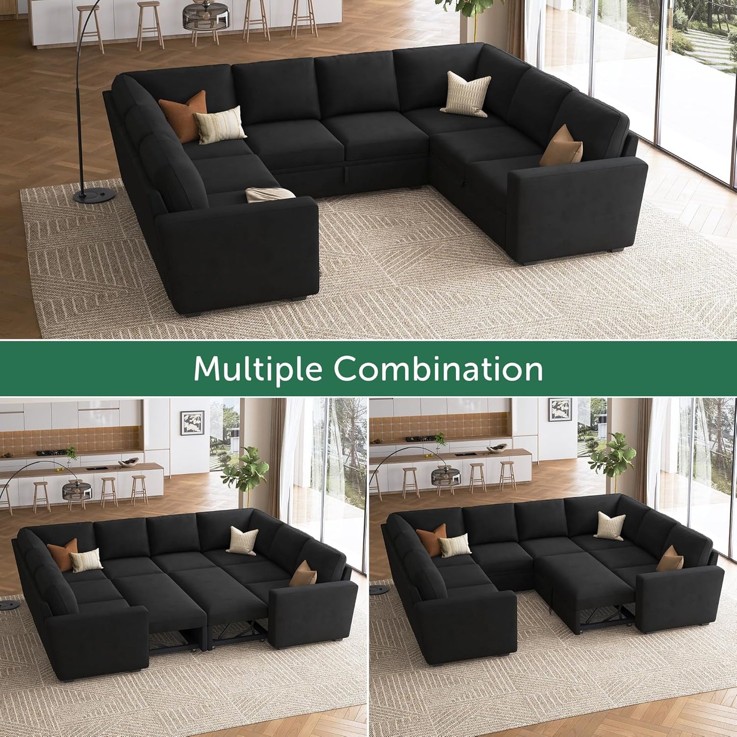 HONBAY Modular Sectional Sleeper Sofa with Pull Out Bed, L Shaped Couch with Storage Seat, Convertible Sectional Couches for Living Room