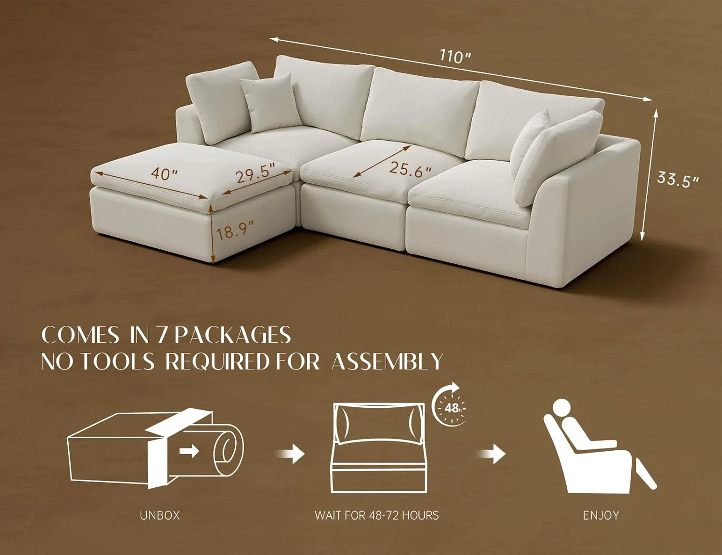 110 inch cloud sectional sofa for living room, convertible L-shaped sofa 3 seater sectional sofa