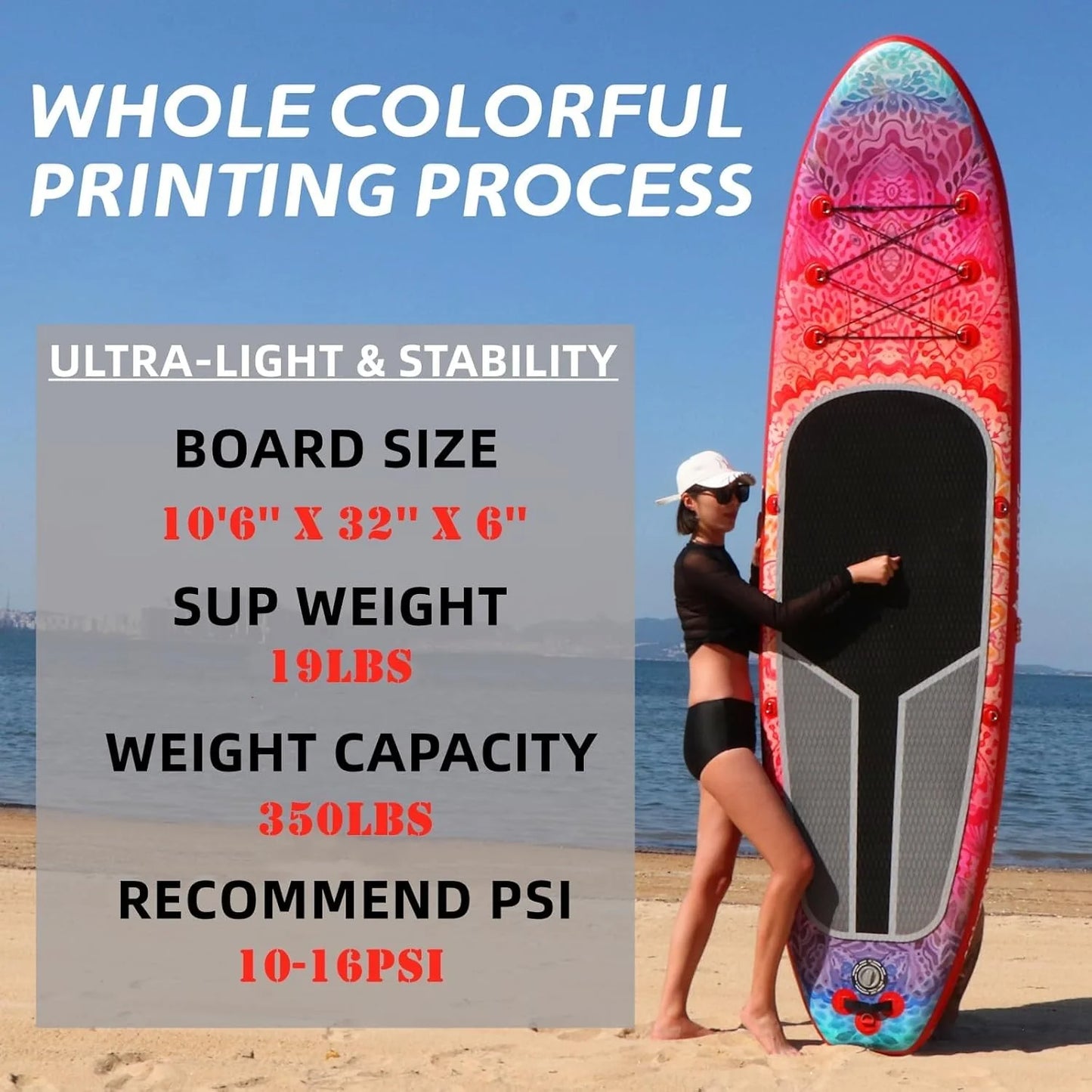 Inflatable wide SUP board with SUP carrying bag, hand pump, 10L waterproof bag and adjustable paddle