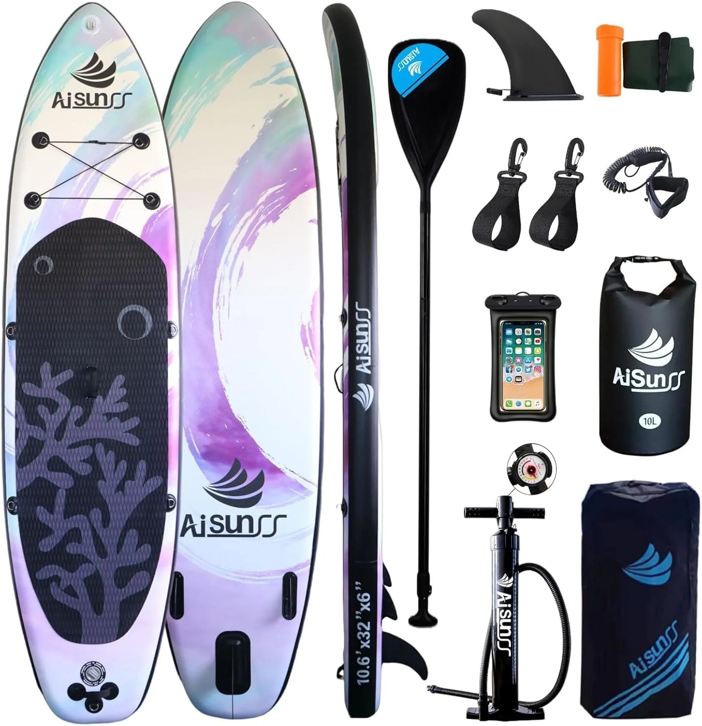 Inflatable wide SUP board with SUP carrying bag, hand pump, 10L waterproof bag and adjustable paddle