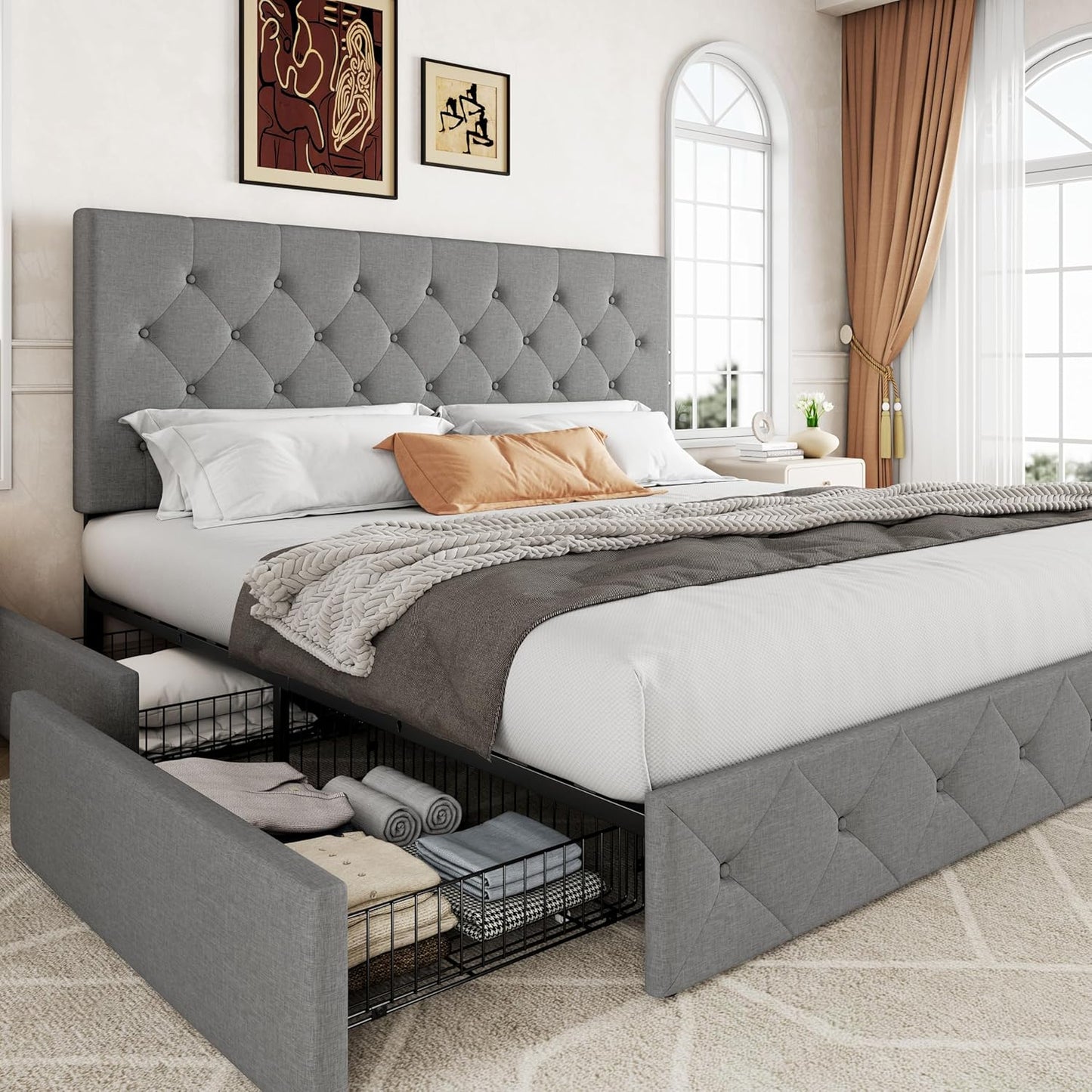 Allewie Upholstered Queen Size Platform Bed Frame with 4 Storage Drawers and Headboard, Square Stitched Button Tufted, Mattress Foundation with Wooden Slats Support, No Box Spring Needed
