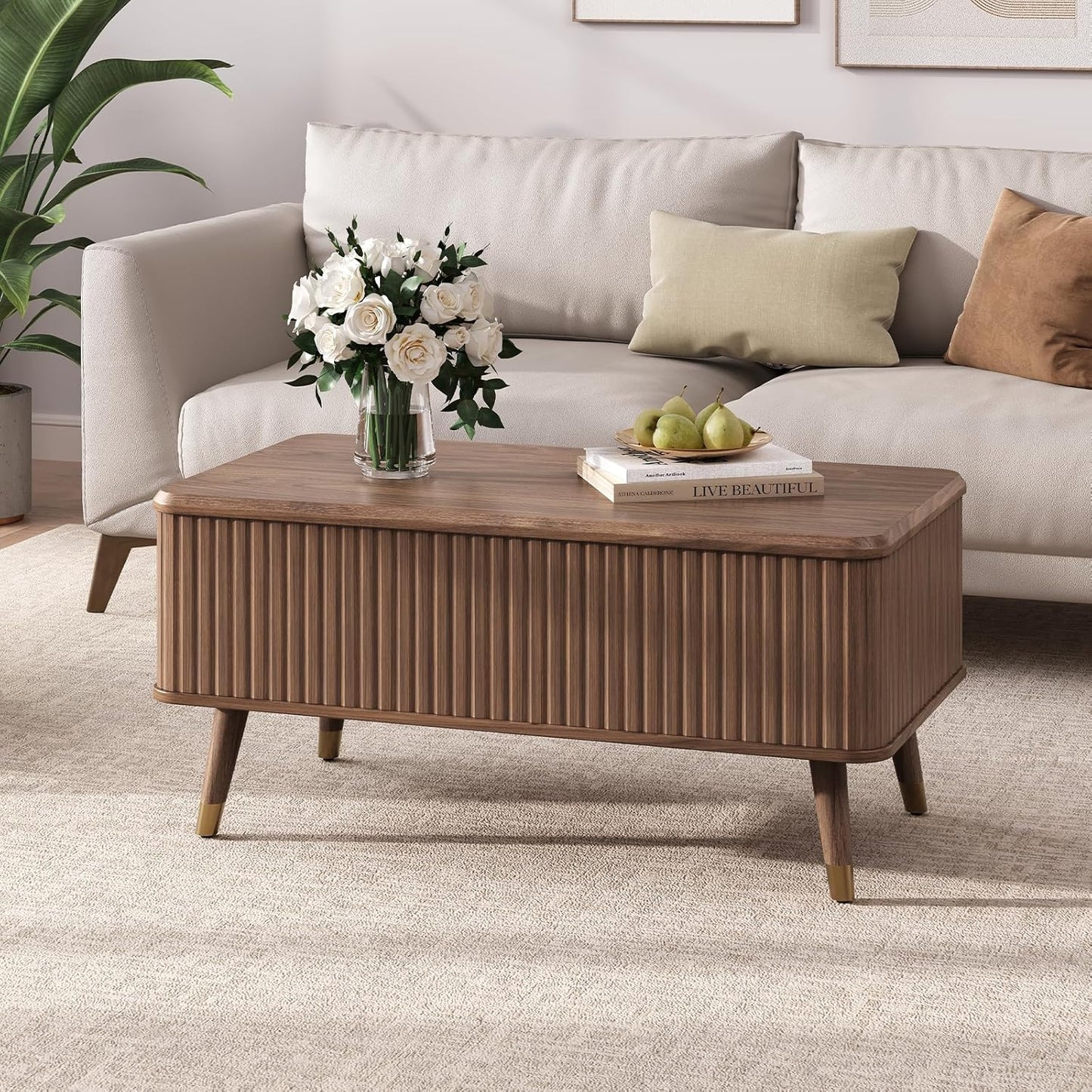 Round Coffee Table with Storage,Fluted Center Table with Sliding Cabinet Door for Living Room,Home Small Space,31.5" Small Center Table,Walnut