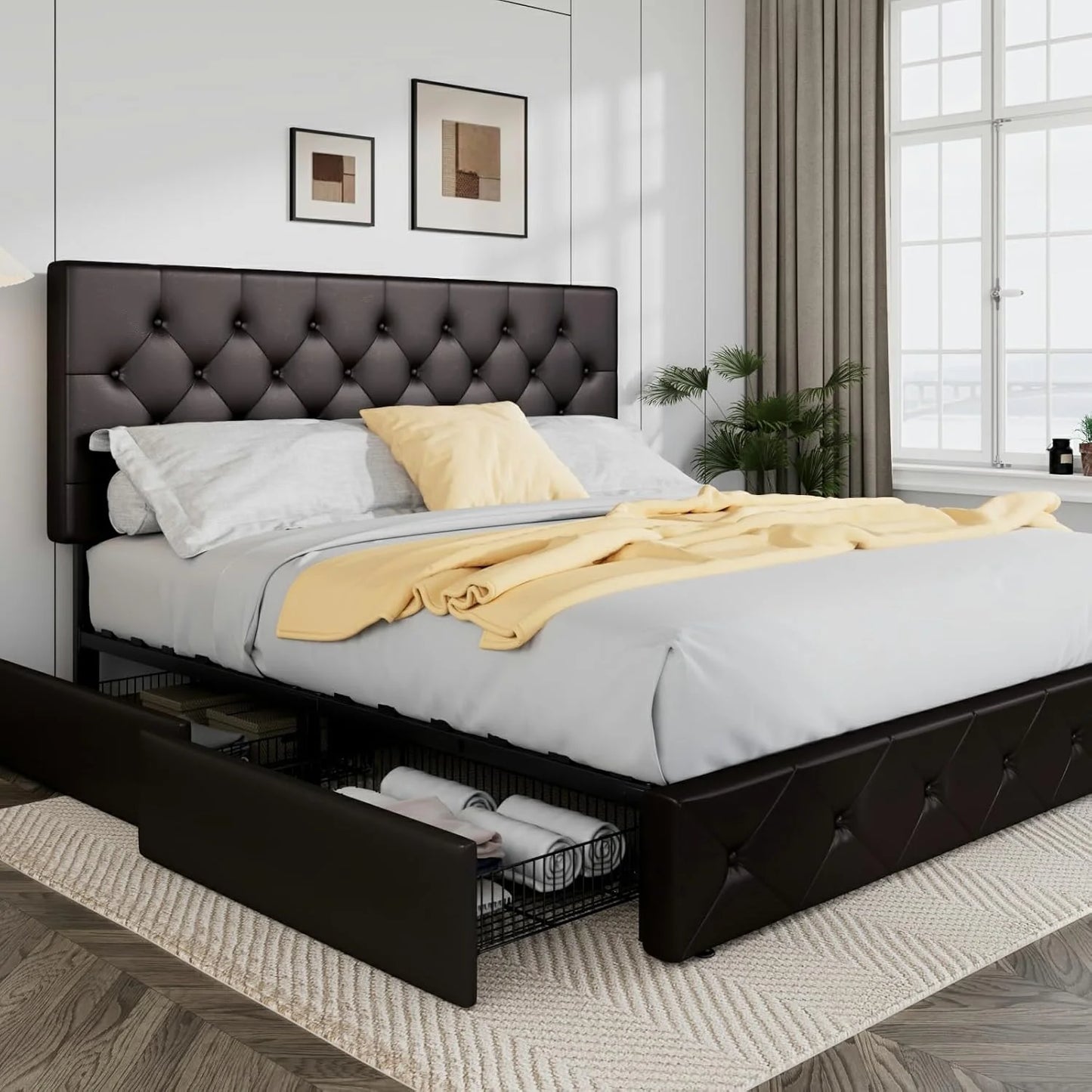 Allewie Upholstered Queen Size Platform Bed Frame with 4 Storage Drawers and Headboard, Square Stitched Button Tufted, Mattress Foundation with Wooden Slats Support, No Box Spring Needed