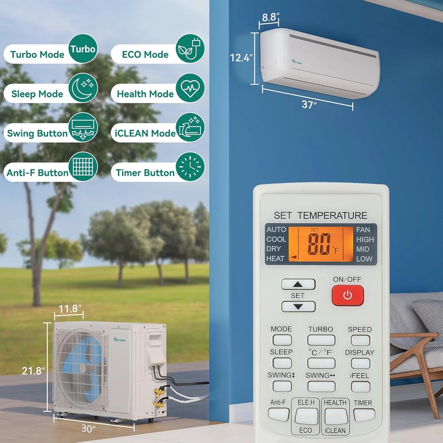 12000 BTU Mini Split Air Conditioner Heat Pump System, Wifi Enabled 20 SEER2 115V Inverter Ductless AC Cool Up to 750 Sq. Ft, Compatible with Alexa, Complete Installation Kit, White