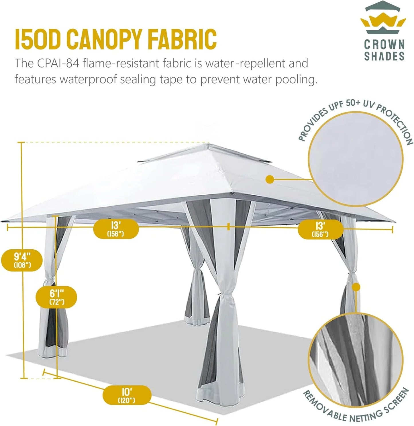 CROWN SHADES 13x13 Pop Up Gazebo, Canopy Tent, Gazebos on Clearance - Outdoor Gazebo for Backyard & Patio Furniture - Carpa Pop Up Tent with Wheeled STO-N-Go Cover Bag (White)