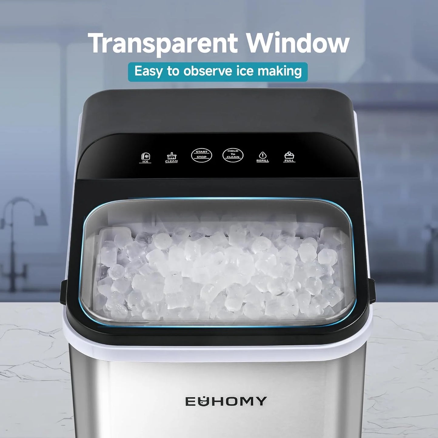 EUHOMY Nugget Ice Maker Countertop, Ready in 8 Mins, 35lbs/24H, Self-Cleaning, Portable Ice Makers Machine with Ice Scoop & Basket, Sonic Ice Maker with Chewable Pellet Ice for Home/Party/RV/Camping