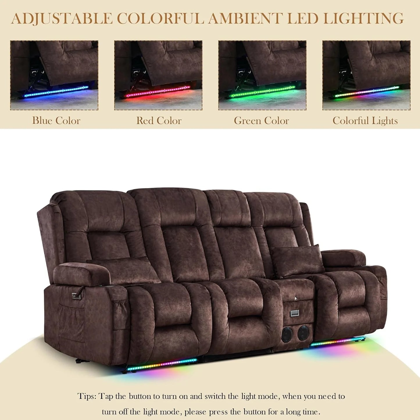 TUNYI Power Loveseat Recliner Sofa with Massage & Heat Home Theater Seating with Console Electric Recliner RV Sofa with USB/Outlet/Storage/Side Pocket/LED Light/Speaker (Brown, Loveseat)