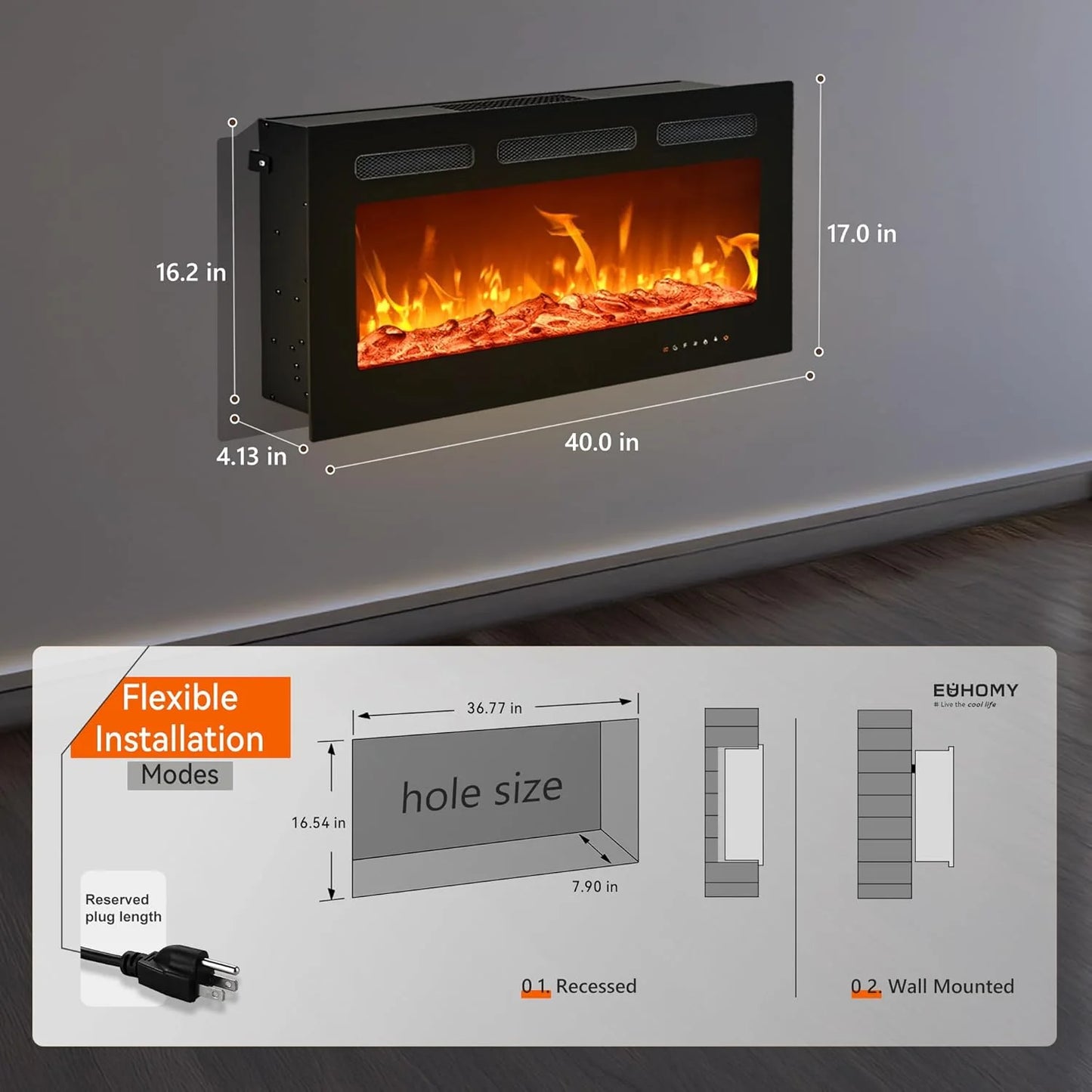 EUHOMY 50 Inch Electric Fireplace Wall Recessed and Wall Mounted with Adjustable Flame Color, Fireplace Heater with Remote Control, Linear Fireplace with Timer, Touch Screen, Log & Crystal, 750/1500W