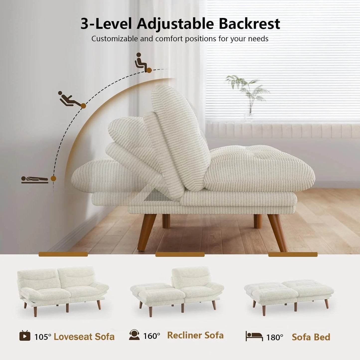 Convertible Futon Sofa Bed, 66 Inch Corduroy Futon Sofa Recliner Sofa Bed for Small Spaces, Playrooms or Offices