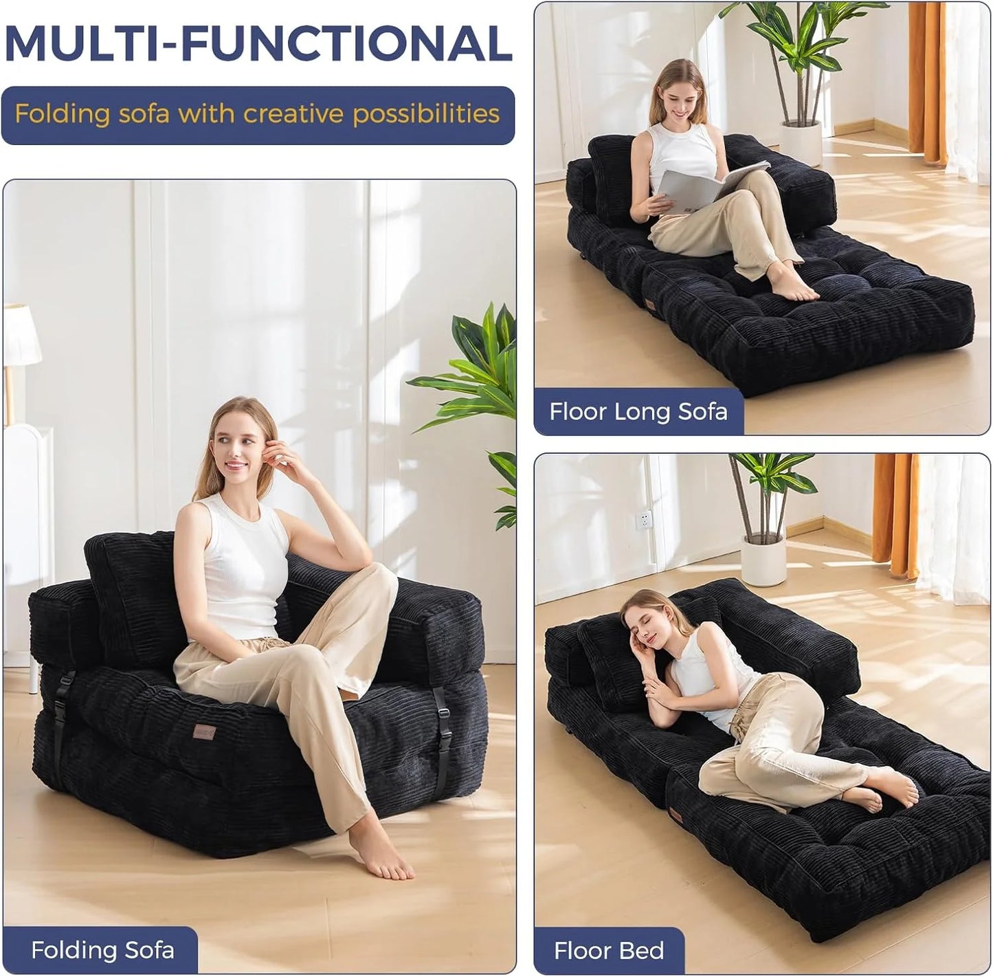 Folding Sofa Bed, L-Shaped Convertible Sofa Bed with Armrests and Pillows,
