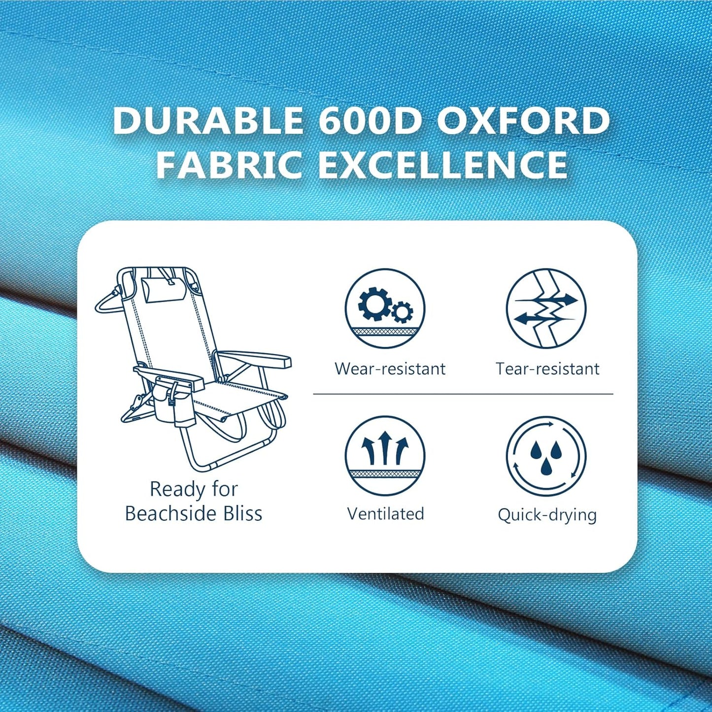 5-Position Aluminum Lay Flat Tall Backpack Beach Chairs 2 Pack Compact Portable Beach Chairs for Adults with Cooler Pouch, Storage Pouch, Towel Bar, Cup Holder & Phone Holder, Blue Stripe