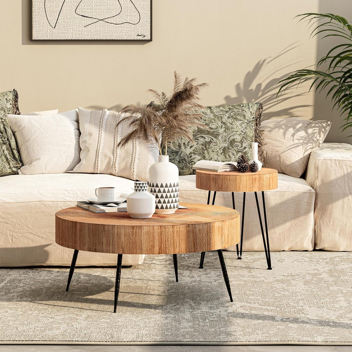 Two-Piece Modern Farmhouse Living Room Coffee Table Set, Round Nesting Tables