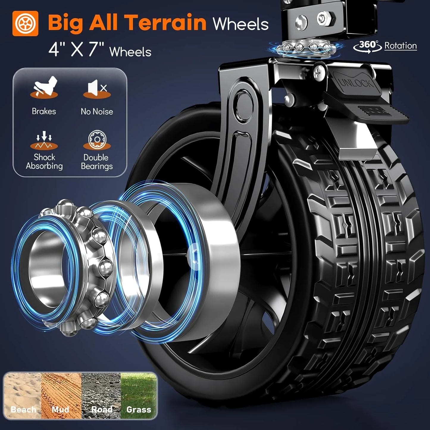 38" long foldable four-wheel stroller, foldable, 460 lb capacity, 220 liter heavy-duty folding beach stroller with large all-terrain tires