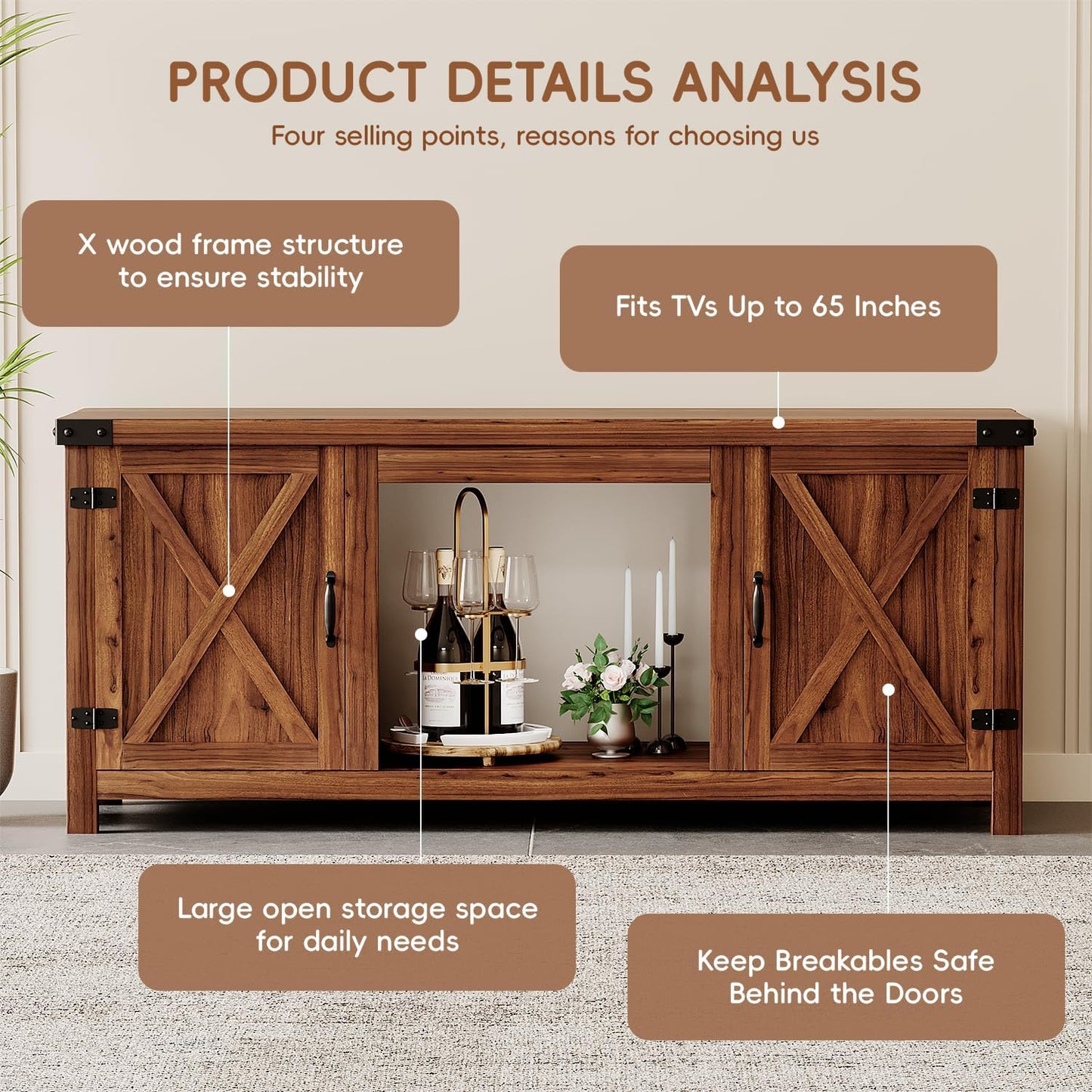 YESHOMY Fireplace TV Stand with Two Barn Doors and Storage Cabinets for Televisions up to 65+ Inch, Entertainment Center Console Table, Media Furniture for Living Room, 58 Inch