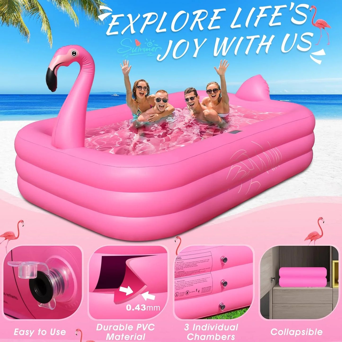 Inflatable Pool with Lights, Solar Flamingo Swimming Pool for Kids,Adults Inflatable Blow up Pool, Large Kiddie Pool, Durable Thickened Inflatable Family Pool for Backyard,Outdoor,105"x65"x25"