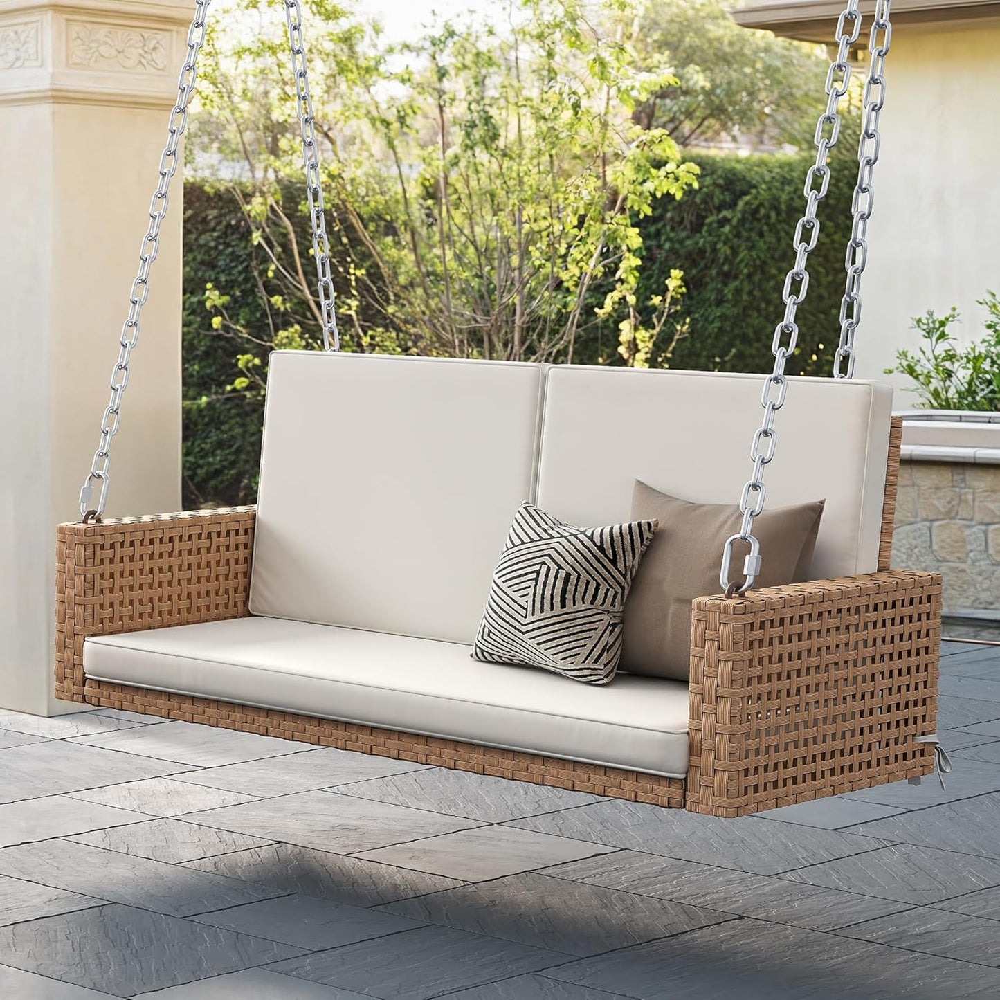 YITAHOME Hanging Porch Swing Chair Sits 3 People, Wicker Outdoor Swing Bench, Patio Lounge Chair, 1 Seating Cushion and 3 Back Cushions, w/Removable Covers, for Garden, Balcony, Backyard, Brown