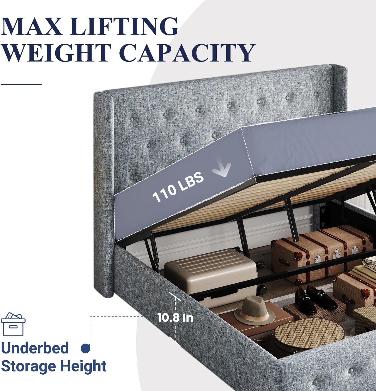 Allewie Queen Size Lift Up Storage Bed, Modern Wingback Headboard, Hydraulic Support, No Box Spring Needed, Light Beige